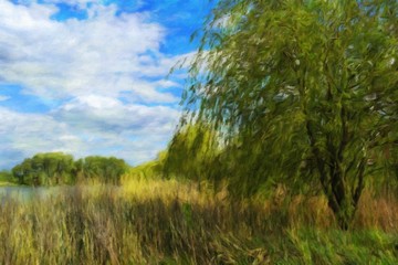 Obraz premium Oil paintings landscape, tree, green grass and blue sky