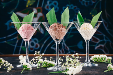 Martini glasses with scoops of ice cream