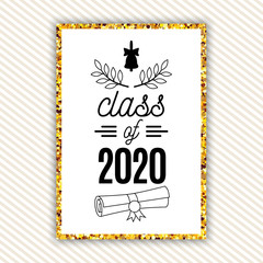 Class of 2020 graduation greeting card with bell, scroll, laurels on striped background with gold frame for invitation, banner, poster, postcard. Vector graduate template. All isolated and layered