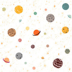 Planets and stars in space on a white background. Cosmic night sky seamless patterns. Freehand drawing of area elements. Galaxy, constellation, universe vector cartoon flat.