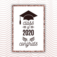 Class of 2020 graduate poster with hat, laurels on blush rose waves background for invitation, banner, greeting card, postcard. Vector graduate template. All isolated and layered