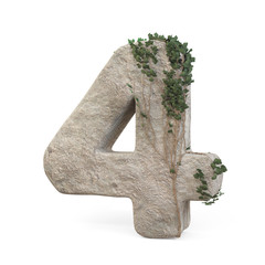 Realistic stone numbers with ivy, isolated on a white background. 3d image