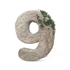 Realistic stone numbers with ivy, isolated on a white background. 3d image