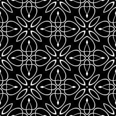 Vintage line art arabesque vector seamless pattern. Monochrome ornamental floral background. Repeat backdrop. Arabic style ornate intricate ornament. Filigree elegance swirl lines, flowers, shapes