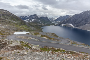 On the way to observation place in Dalsnibba mountain. Geiranger fjord Norway, selective focus