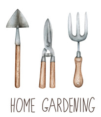 Garden tools, watercolor illustrations set