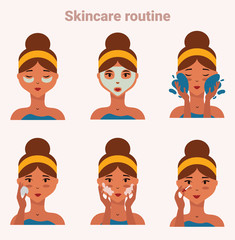 Woman taking care of her face. Skincare steps. Daily skincare routine. Face skin care Step by step set. Minimalistic vector illustration. Different facial procedures. Face care concept.