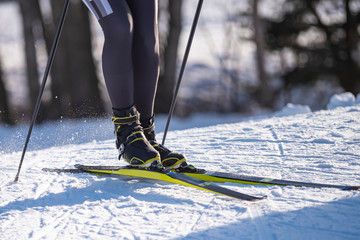 Detail of nordic ski skier on a slope - obrazy, fototapety, plakaty