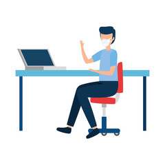young man using face mask in workplace vector illustration design
