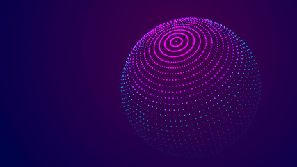 Abstract 3d sphere. Mesh of sphere with points on dark background. Science and technology. 3d