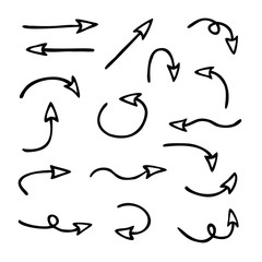 Vector set of arrows pointing in different directions. Hand drawn, doodle elements isolated on white background