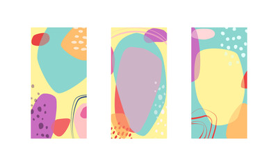 Set of vector vertical backgrounds with copy space, colored in overlap style. Trendy abstract colors and shapes.