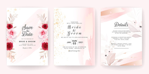 Elegant abstract background. Wedding invitation card template set with floral and gold watercolor decoration for save the date, greeting, poster, and cover design