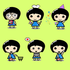 Cute cartoon character girl bundles doing activities illustration vector