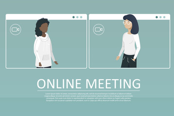 Online meeting.Video conference landing. People on computer and smartphone screen. Virtual work meeting. Flat vector illustration