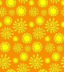 Seamless pattern with hand drawn doodle suns on yellow background. Vector illustration for textile and fabric, cover, print on clothes.