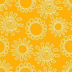 Seamless pattern with hand drawn white doodle suns on yellow background. Vector illustration for textile and fabric, cover, print on clothes