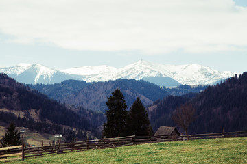 Hiking to mountain village at summer season, travel concept, Ukraine