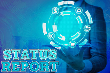 Text sign showing Status Report. Business photo showcasing Update Summary of situations as of a...