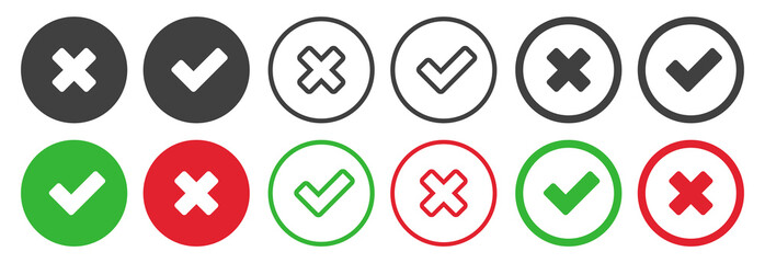 Checkmark icons set for web design. Accept v button, decline x cross button for Ui design. Flat buttons with red and green background. Answers for test questions with right and wrong options.