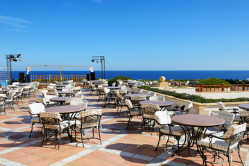 The sea view outdoor terrace of restaurant at luxury hotel, Sharm el Sheikh, Egypt