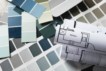 paint samples with kitchen blueprint for remodeling.