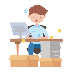 stress at work, tired employee working in desk with stack of papers boxes and laptop