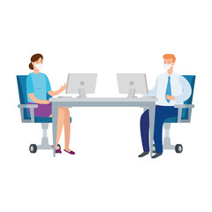 business people using face mask in the workplace vector illustration design