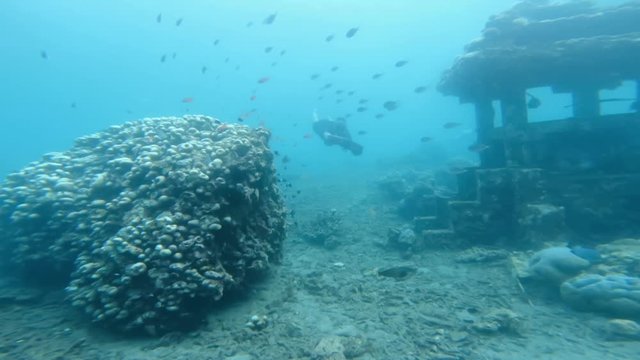 Man with underwater scooter swimming under sea among corals