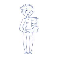 stressed employee cardboard box and papers stack isolated design