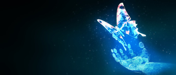 Abstract blur robot ai hand hold 3D virus butterfly illustration digital innovation futuristic technology transform evolution New normal after coronavirus crisis management business world life change