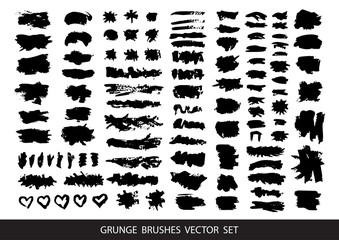 Set of black paint, ink brush strokes, brushes, lines. Dirty artistic design elements, boxes, frames for text. Vector illustration.