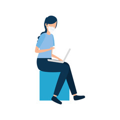 young woman sitting using face mask with laptop vector illustration design