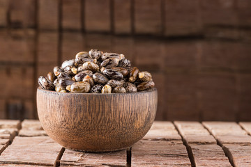 castor oil and seeds, on wooden background © Alexander Ruiz