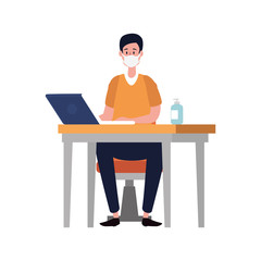 young man using face mask in workplace vector illustration design