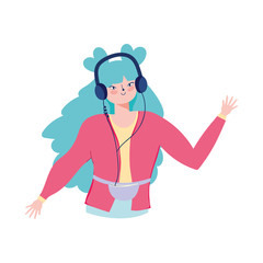 young girl with smartphone and earphones listening music isolated design