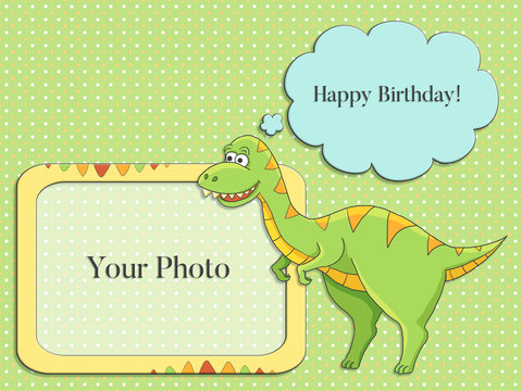 Cute funny childish cartoon boy girl birthday dinosaur green colorful photo frame on polka dot background