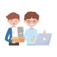 stress at work, businessman working with laptop and employee with stack of papers