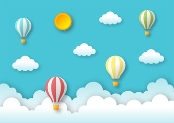 paper art style travel with balloon flying background. vector Illustration.