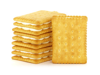 Sandwich biscuits filled with white cream, isolated on white