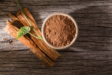 bark and powder of medicinal plant cat's claw, uncaria tomentosa