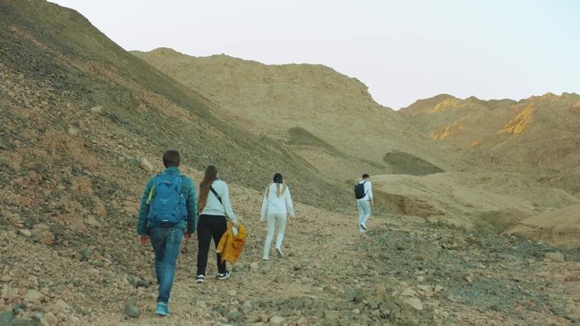Group of tourist walk along the rock canyon in hot desert, tourists take picture and have fun. Desert mountains background, Egypt, Sinai, 4k