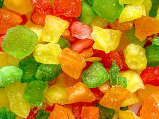 Candied fruit close-up. Dessert filling, food photography.