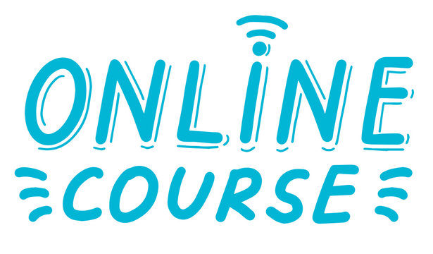 Online course, training education concept. Logo, badge, poster, banner template. Lettering calligraphy illustration. Vector eps handwritten brush trendy sticker with text isolated on white background.