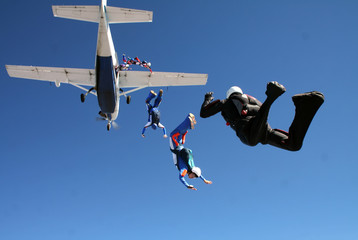 Group of parachutists jump together from an airplane against the blue sky.