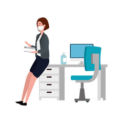 young woman using face mask in workplace vector illustration design