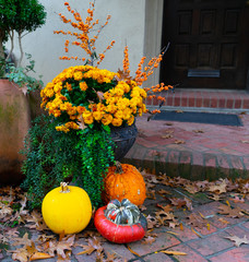 Three different colored pumpkins in an entryway, underneath yellow flowers in a pot