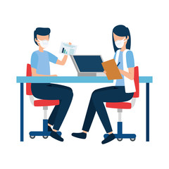 people using face mask in workplace vector illustration design