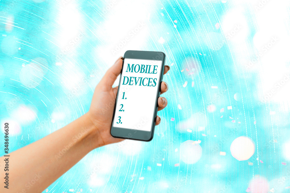Poster conceptual hand writing showing mobile devices. concept meaning a portable computing device like sma