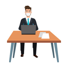 businessman using face mask in the workplace vector illustration design